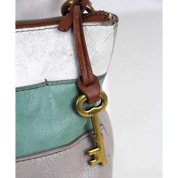 FOSSIL GRAY BLUE WHITE GENUINE LEATHER CROSSBODY ORGANIZER SHOULDER BAG PURSE - Picture 8 of 16